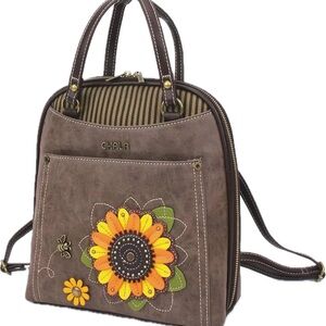 Chala Sunflower - Stone Gray Convertible  Backpack Purse with Sunflower Design